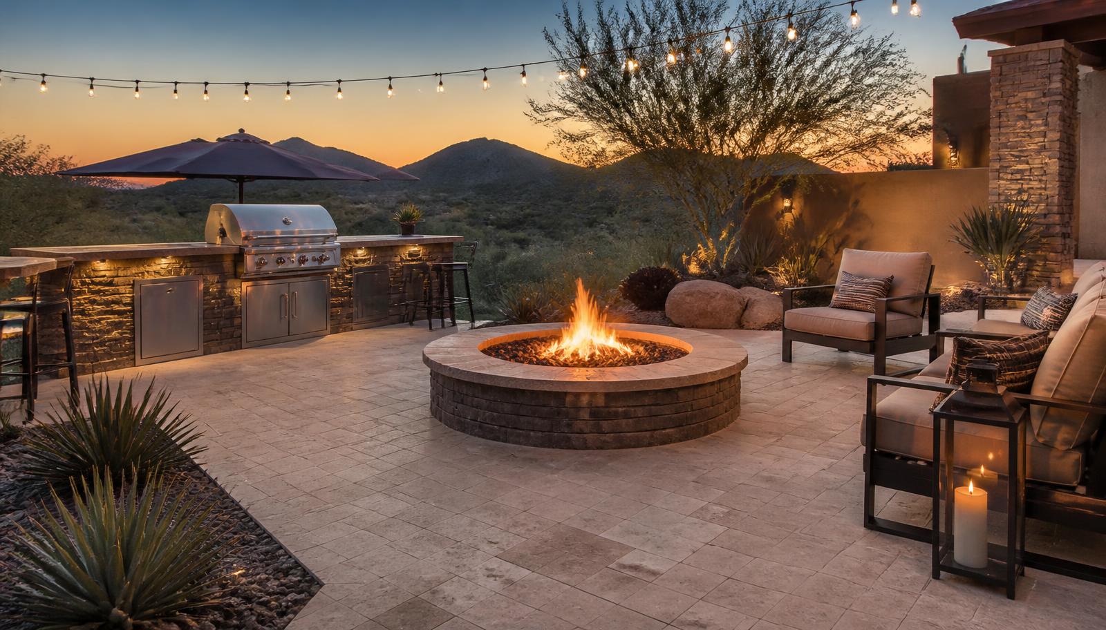 Backyard paver patio with outdoor kitchen and fire pit in Scottsdale AZ