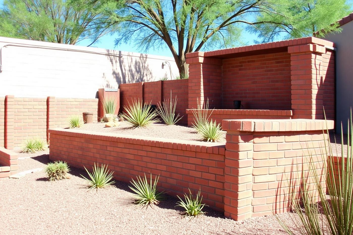 Brick retaining wall and raised planter in a Mesa AZ backyard