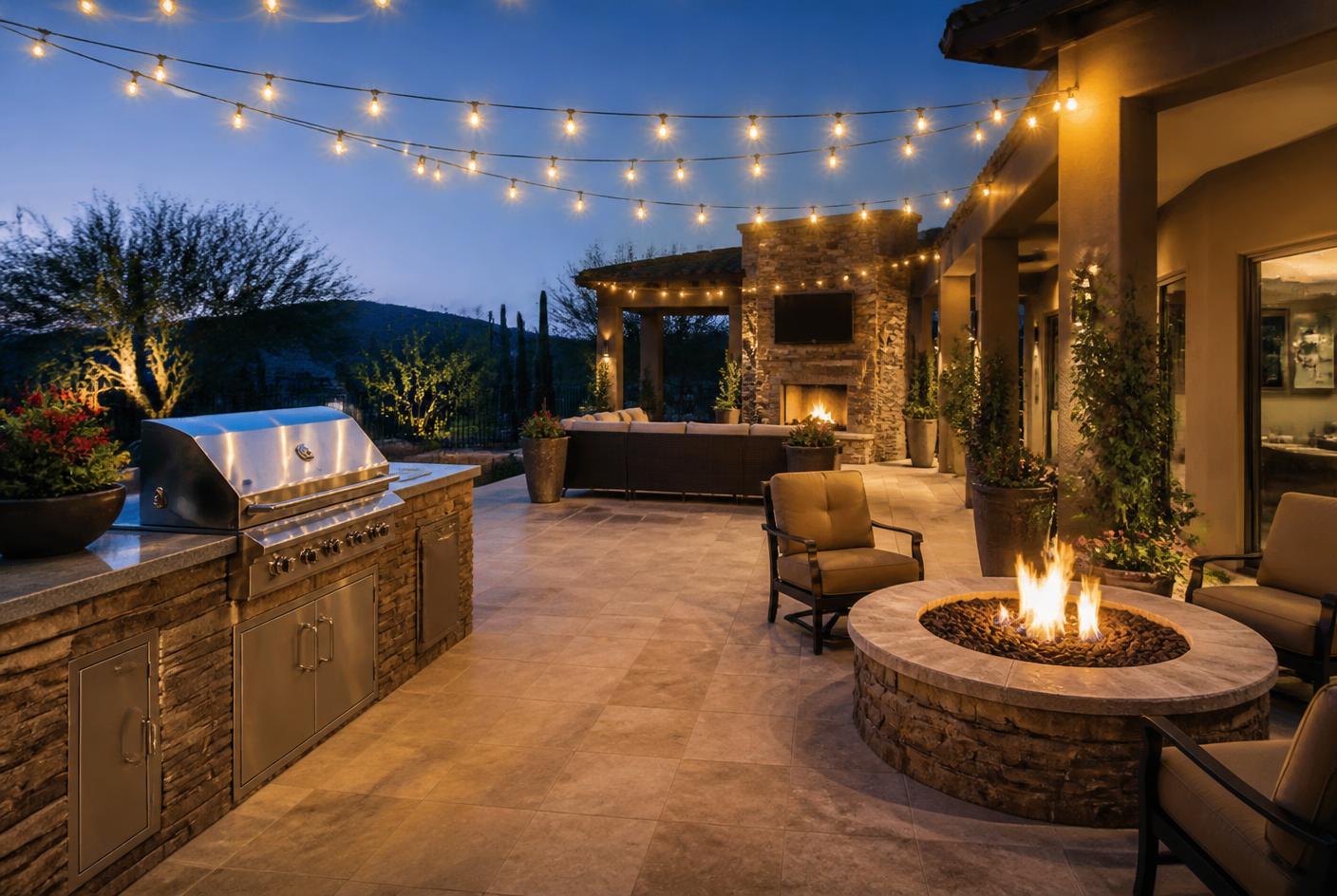 Outdoor kitchen and fire pit hardscape in an Arizona backyard