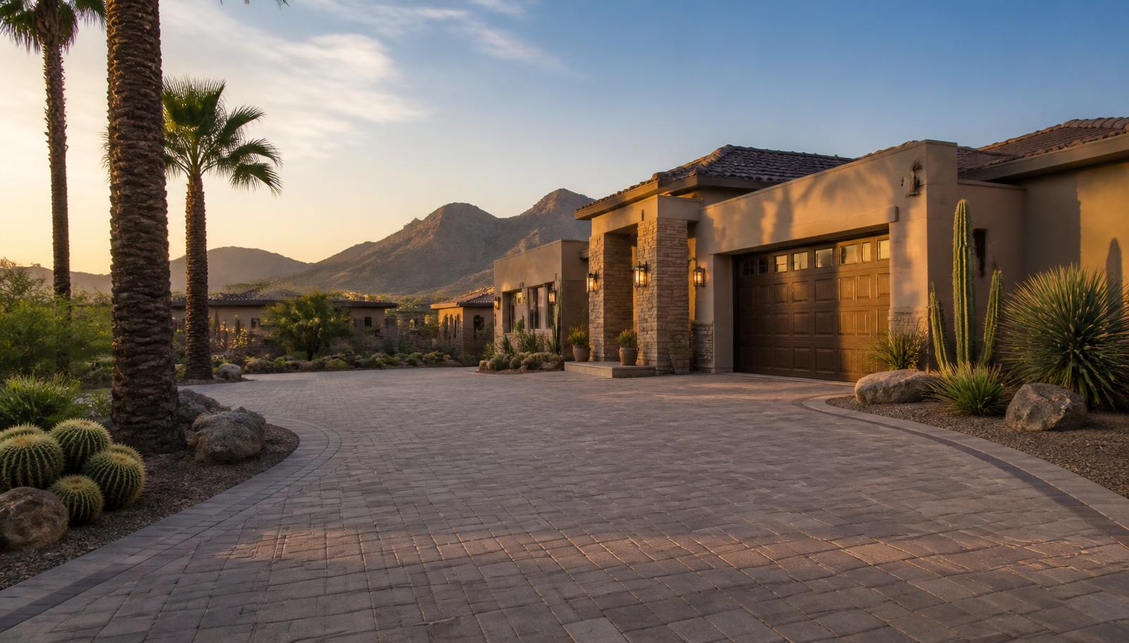 Luxury Phoenix AZ home with a new interlocking paver driveway at sunset