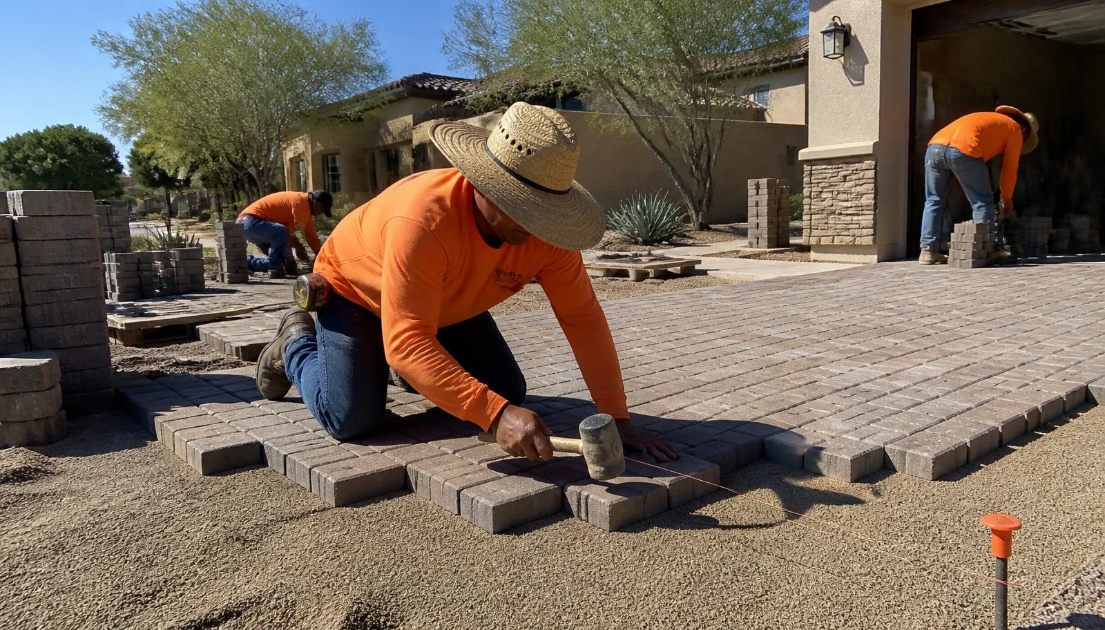 Crew installing concrete pavers on a driveway in Phoenix AZ