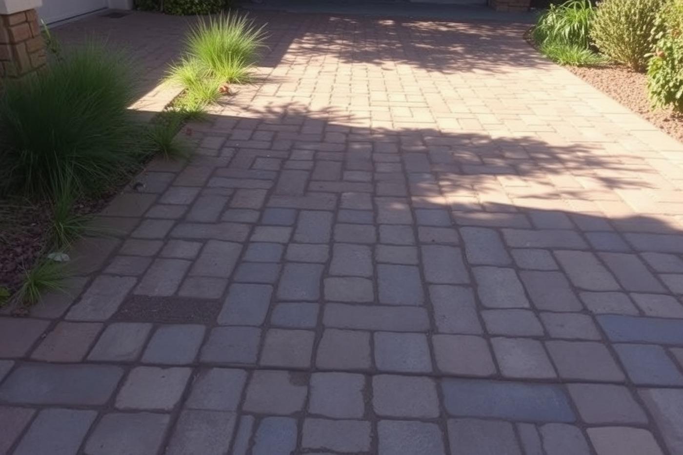 Faded weathered paver driveway with weeds before restoration in Phoenix AZ