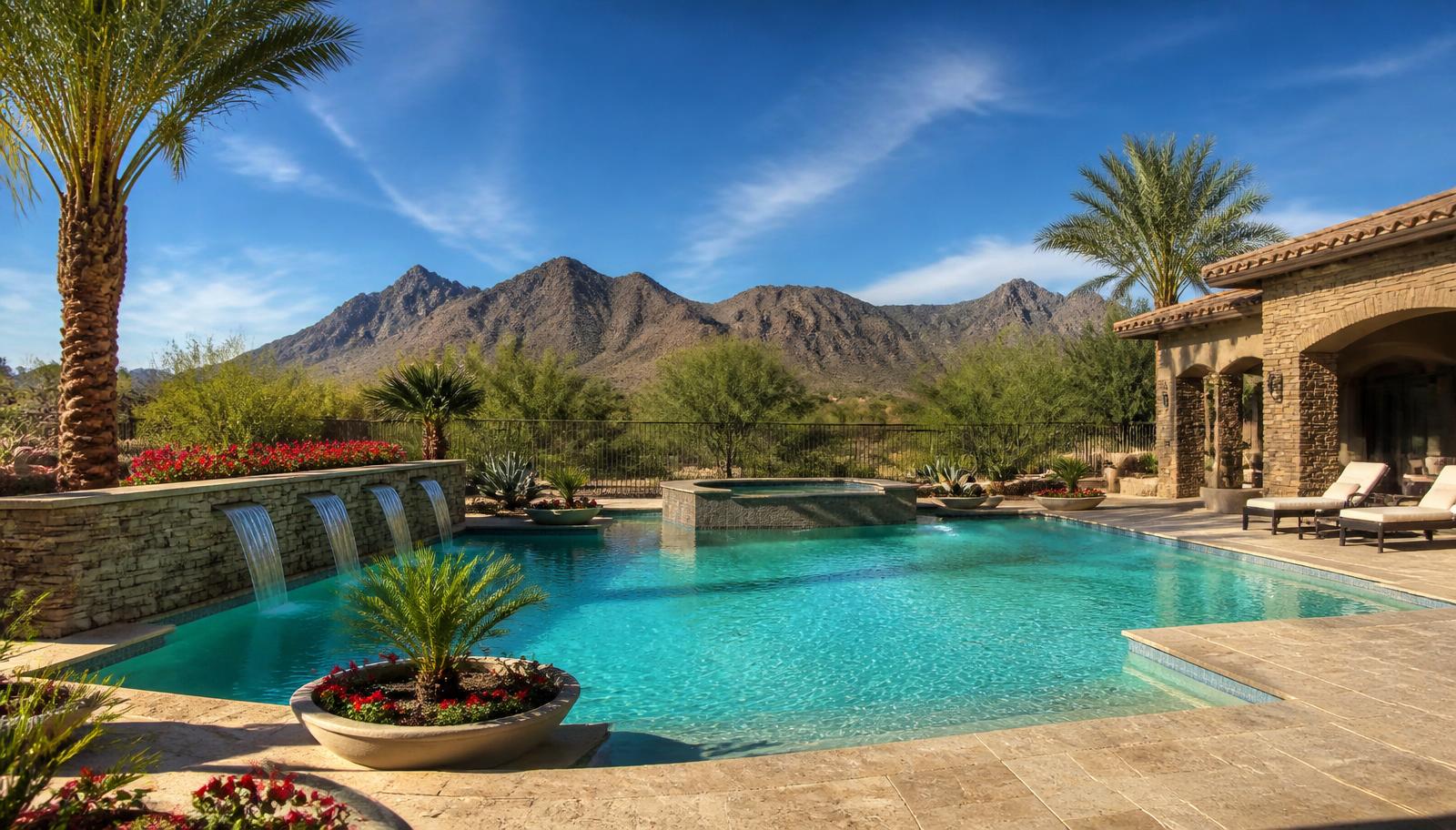 Travertine pool deck pavers at a resort style pool in Chandler AZ