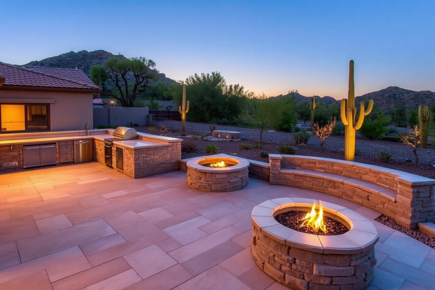 Backyard paver patio with outdoor kitchen and fire pit in Scottsdale AZ