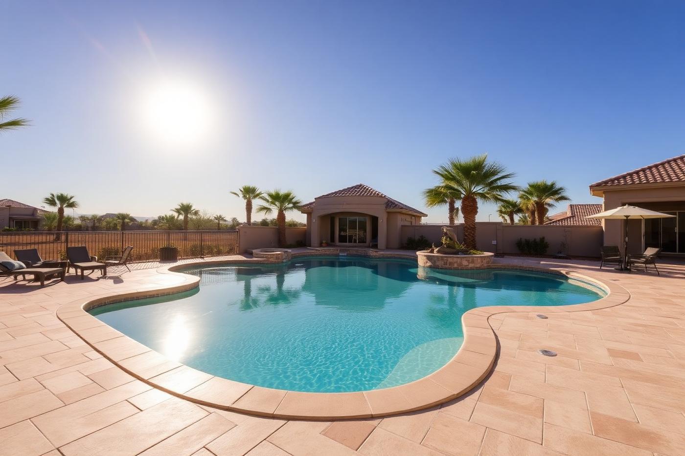 Travertine pool deck pavers at a resort style pool in Chandler AZ